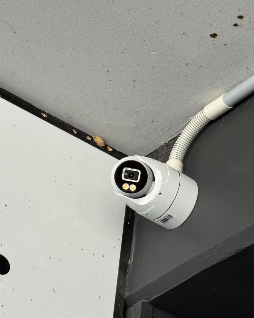 Bullet camera mounted in commercial area