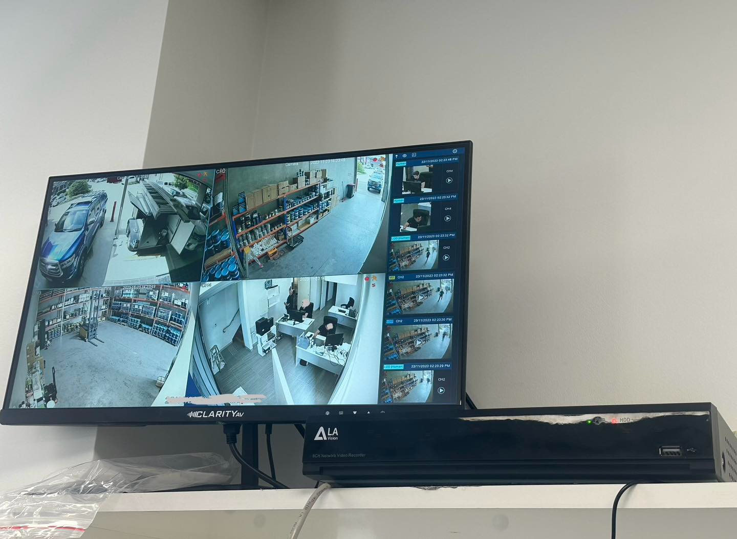 CCTV monitoring screen showing multiple camera feeds